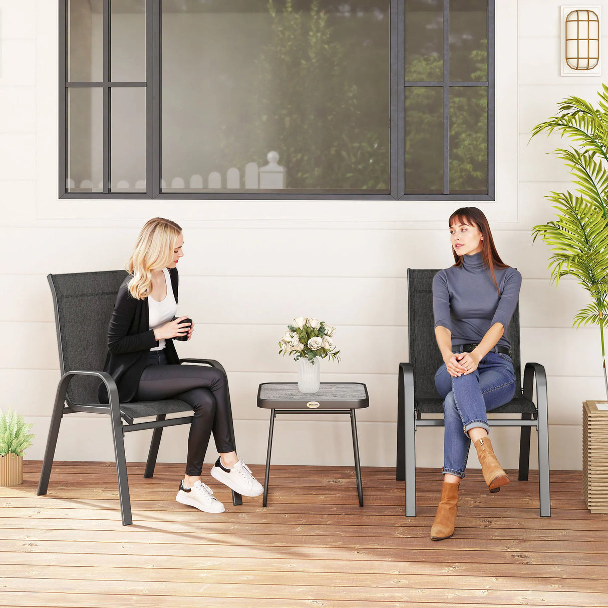 Outsunny 3 Pieces Outdoor Bistro Set, Patio Stackable Armchairs with Breathable Mesh Fabric and SPC Board Coffee Table, Black