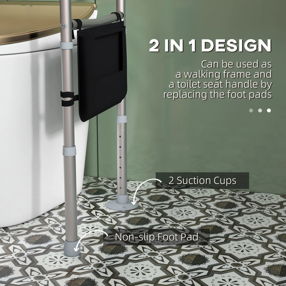 HOMCOM Free Standing Toilet Frame, Height and Width Adjustable Toilet Safety Frame with Arms, 2 Additional Suction Cups, Storage for Elderly, Disabled, Handrail Grab Bar, 136kg Weight Capacity
