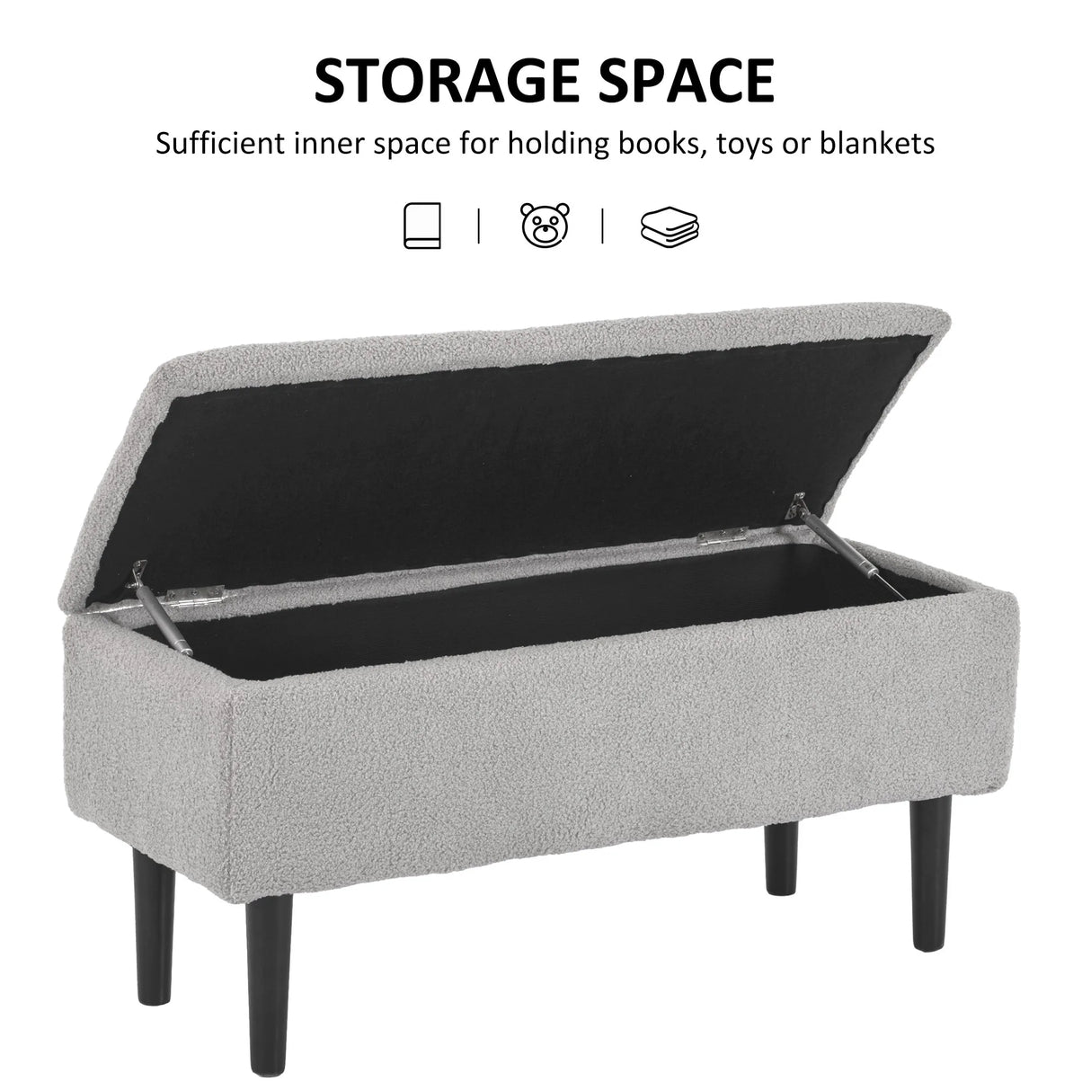 HOMCOM 57L Storage Ottoman, End of Bed Bench with Wooden Legs, Fabric Footstool for Living Room, Bedroom, 95 x 38 x 45cm, Grey