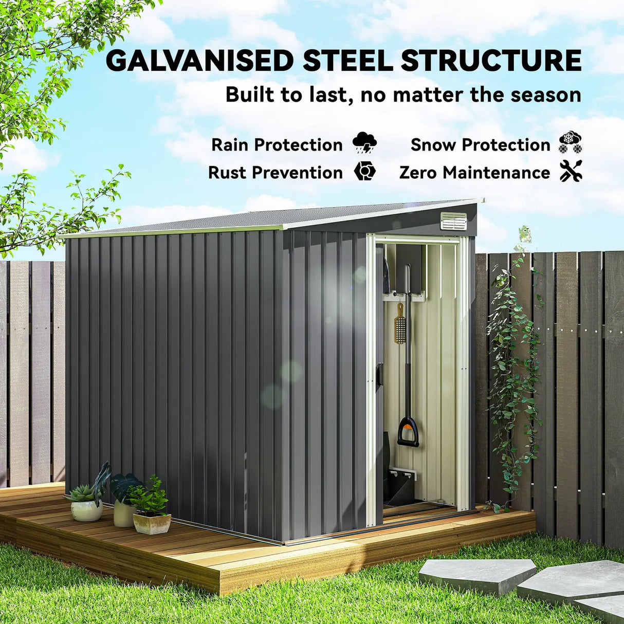 Outsunny 7 x 5ft Galvanised Metal Shed, with Sliding Door - Dark Grey