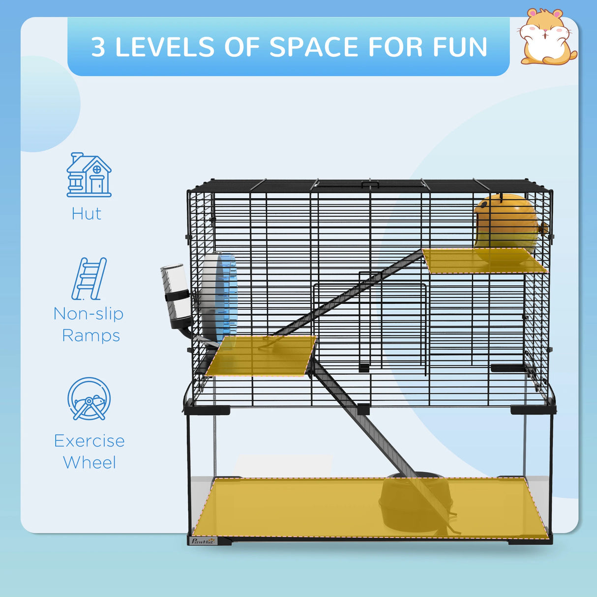 PawHut 3 Tiers Hamster Cage, Gerbil Cage with Deep Glass Bottom, Non-Slip Ramps, Platforms, Hut, Exercise Wheels, Water Bottle, Dish, for Syrian Hamster, Dwarf Hamster, 60 x 40 x 54.5cm