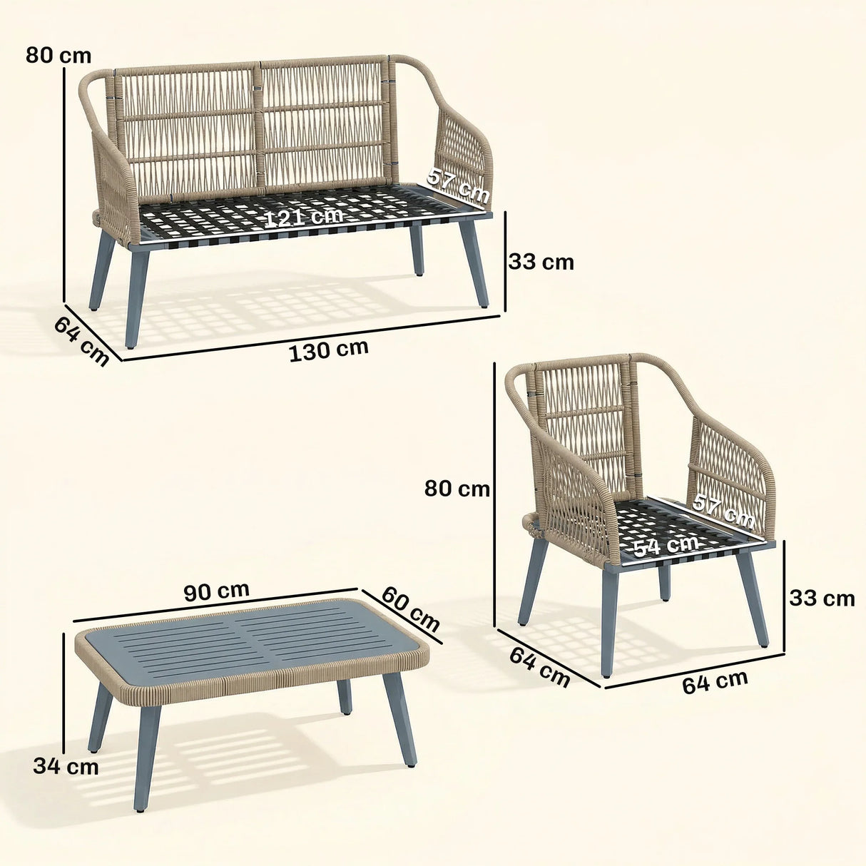 Outsunny 4 Piece Rattan Garden Furniture Set with Loveseat, Armchairs, Wood Table, Wicker Patio Conversation Set, Grey