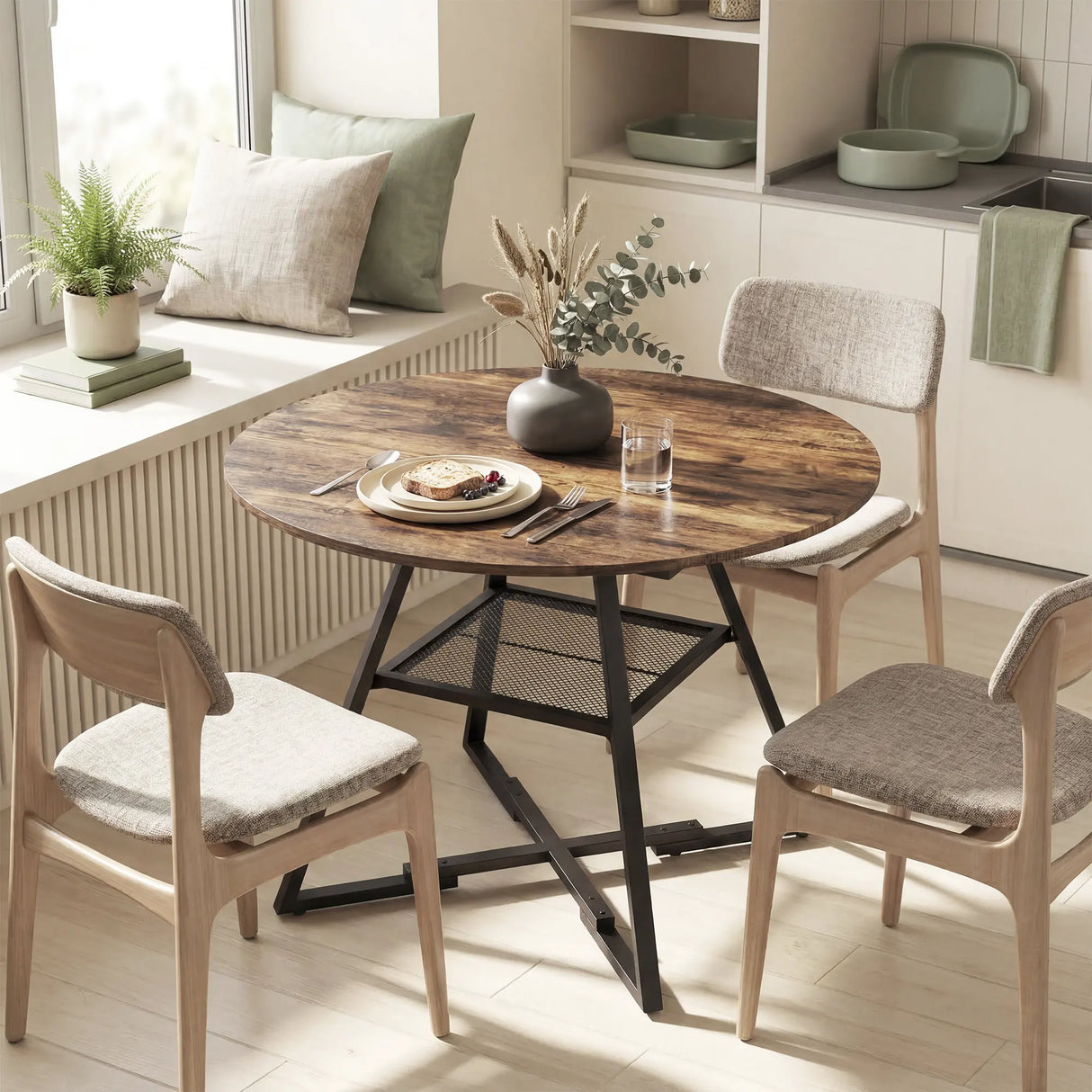HOMCOM Dining Table for 4 People, 100 cm Round Industrial Kitchen Table with Storage Shelf, Rustic Brown