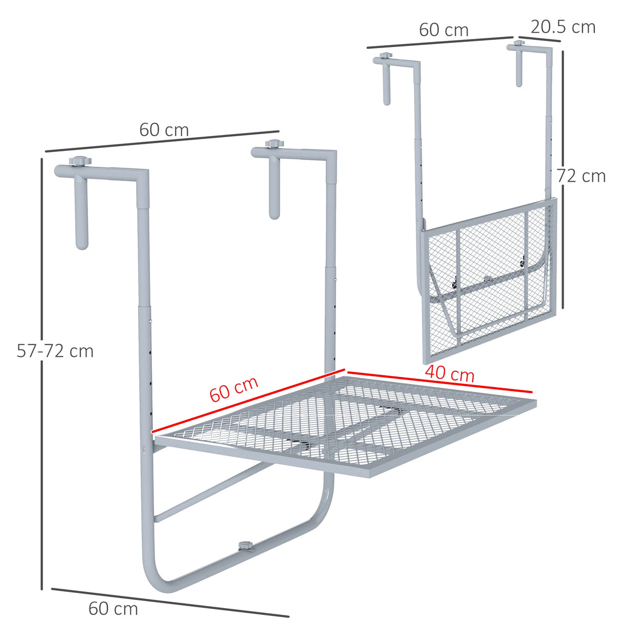 Outsunny Balcony Hanging Table, Metal Wall Mount Desk, Adjustable Folding Balcony Deck Table for Patio and Garden, Grey