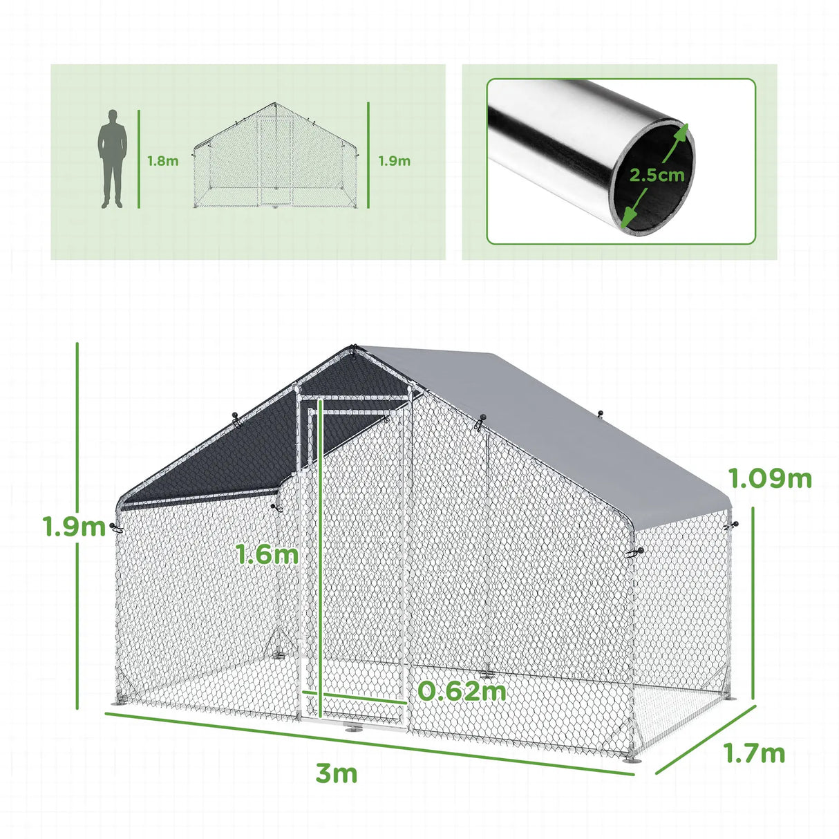 PawHut Large Chicken Coop, Galvanised Walk In Chicken Coop Hen House w/ Water-Resist Cover, 3 x 1.7 x 1.9m