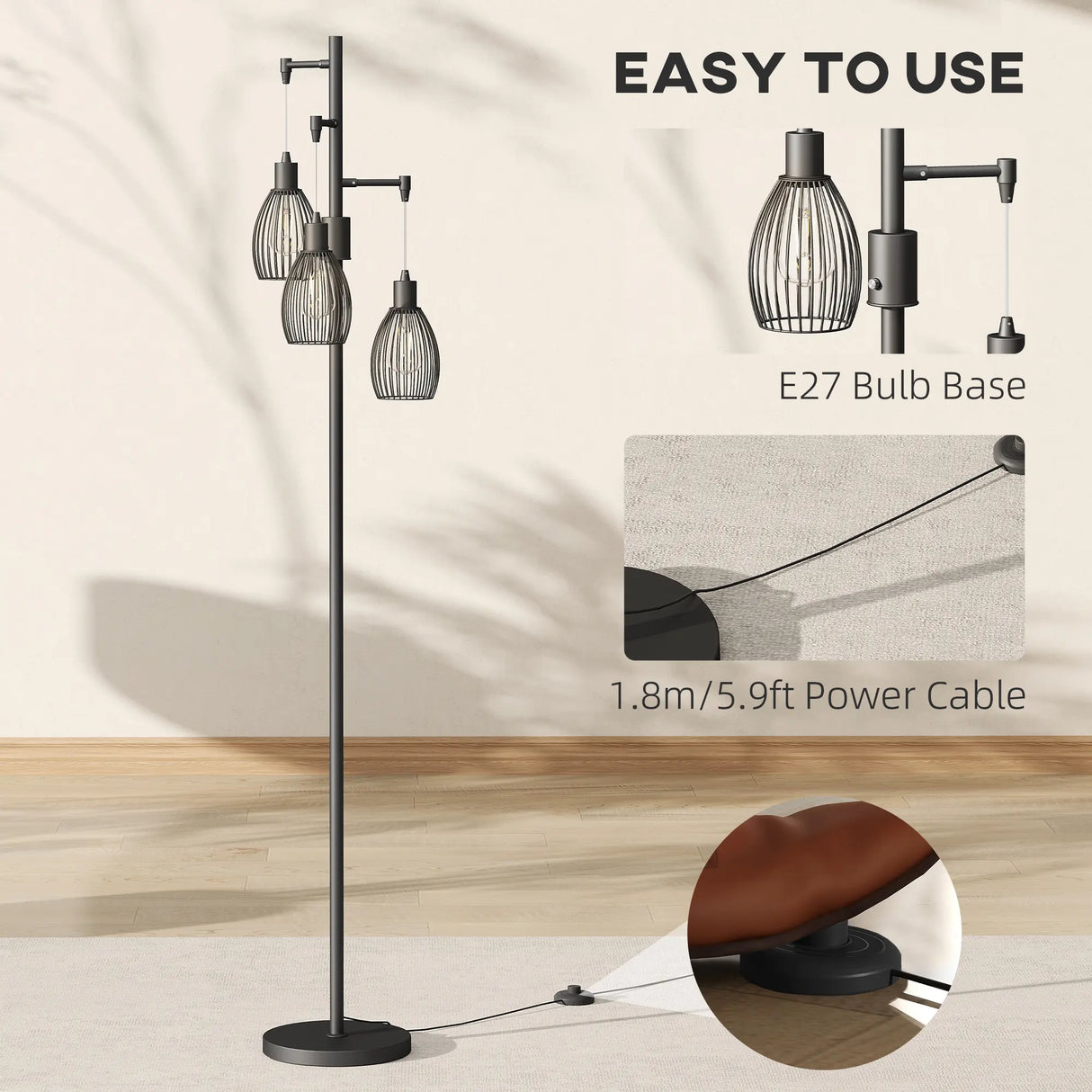 HOMCOM 3-Light LED Floor Lamp, 170cm Industrial Dimmable Standing Lamp with Steel Wire Cage Lampshades, 2700K for Living Room, Bedroom, Dining Room, Study, Black