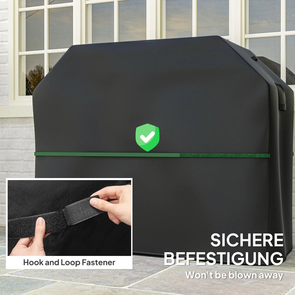 Outsunny BBQ Cover for Rectangular Gas Grill, 600D UPF30+ Oxford Fabric Barbecue Cover for Waterproof Protection Rip-Proof, with Windproof Hook and Loop Fasteners, Vents, 147 x 61 x 122 cm, Black