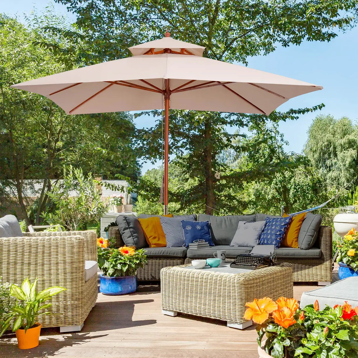 Outsunny 3 x 3 metre Patio Parasol Garden Umbrellas Sunshade Outdoor Wooden Parasol Canopy Double Tier, Beige, BASE NOT INCLUDED