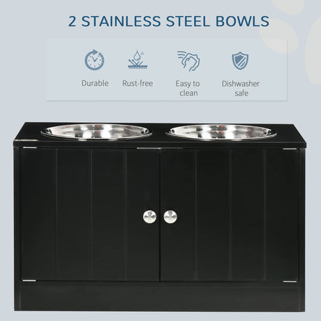 PawHut Raised Pet Feeder, with Two Bowls, Storage - Black