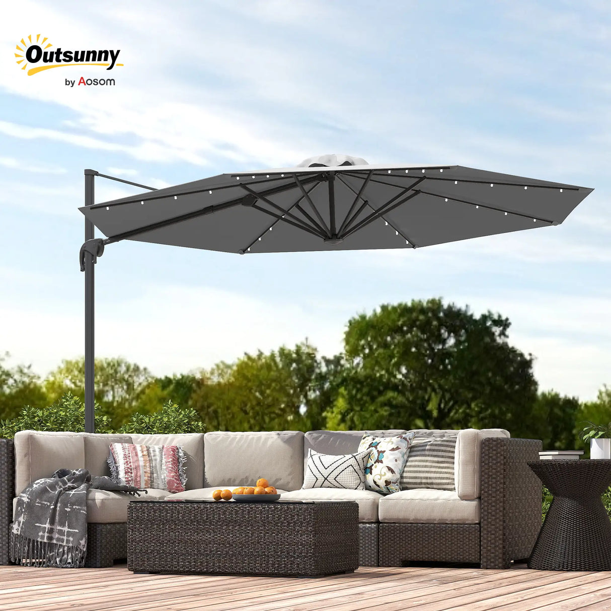 Outsunny 3(m) Cantilever Roma Parasol Patio Sun Umbrella with Crank & Tilt LED Solar Light Cross Base 360 Rotating Outdoor, Dark Grey