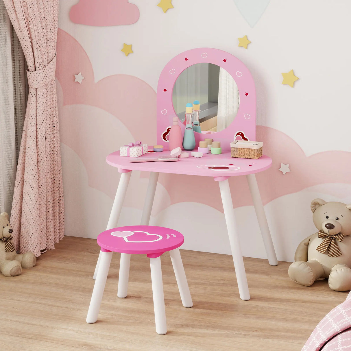 AIYAPLAY Kids Dressing Table with Mirror and Stool, Girls Vanity Set for Kids Room, Bedroom, Nursery, for Ages 36 Years, Pink