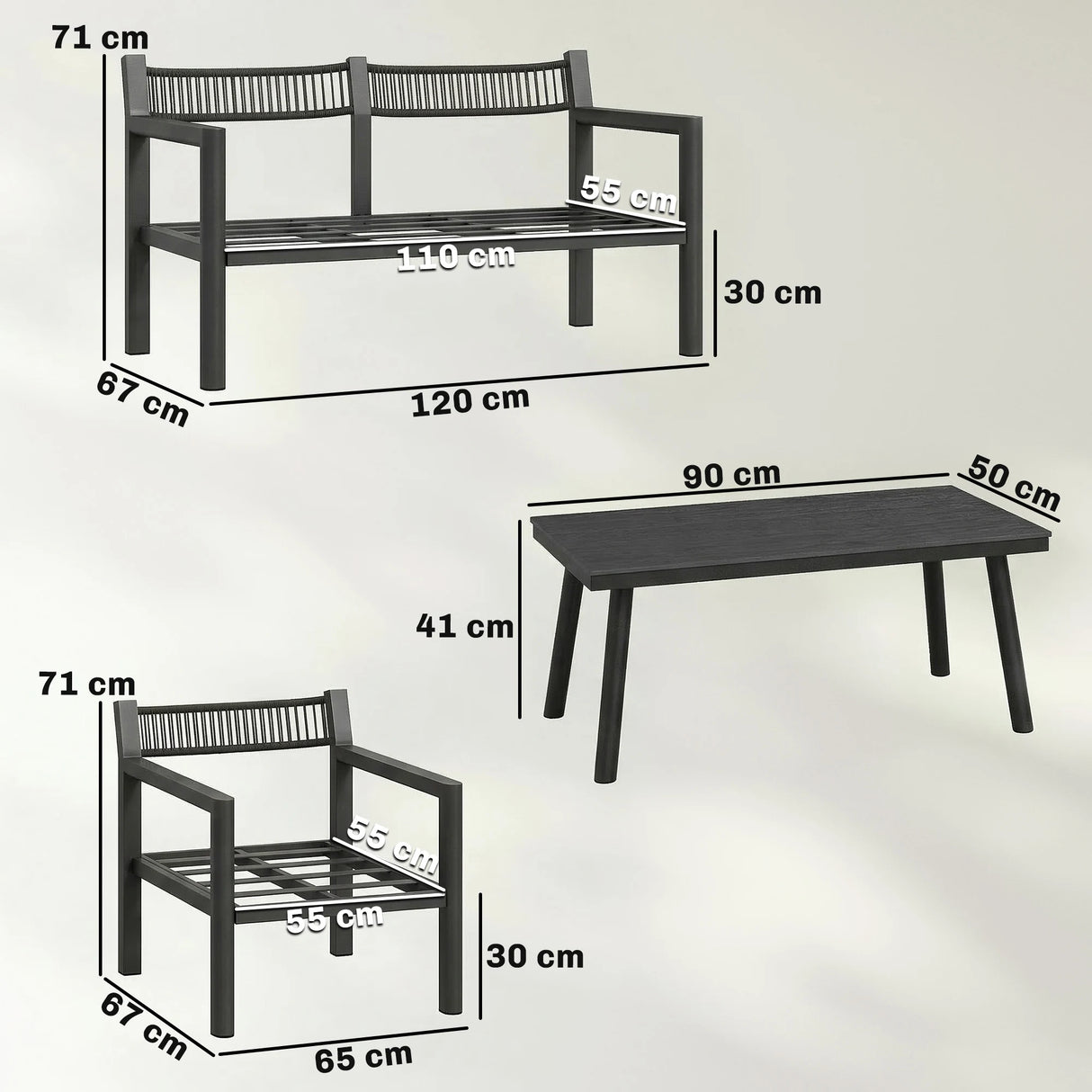 Outsunny 4 Seater Rattan Garden Furniture Set with 2 Armchairs, Loveseat, Coffee Table, Garden Sofa Set with Cushions, Dark Grey