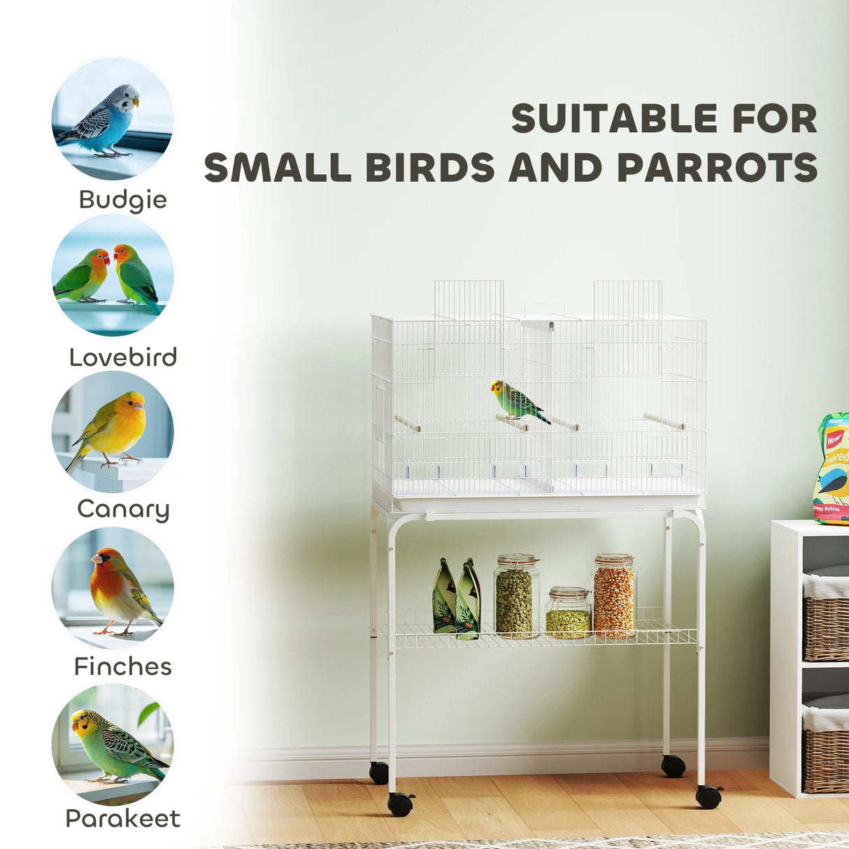 PawHut Bird Cage with Divider, 4 Wooden Perches, Slide Out Tray, 4 Feeders, for Budgie, Lovebird, Canary, 76 x 46 x 116cm White