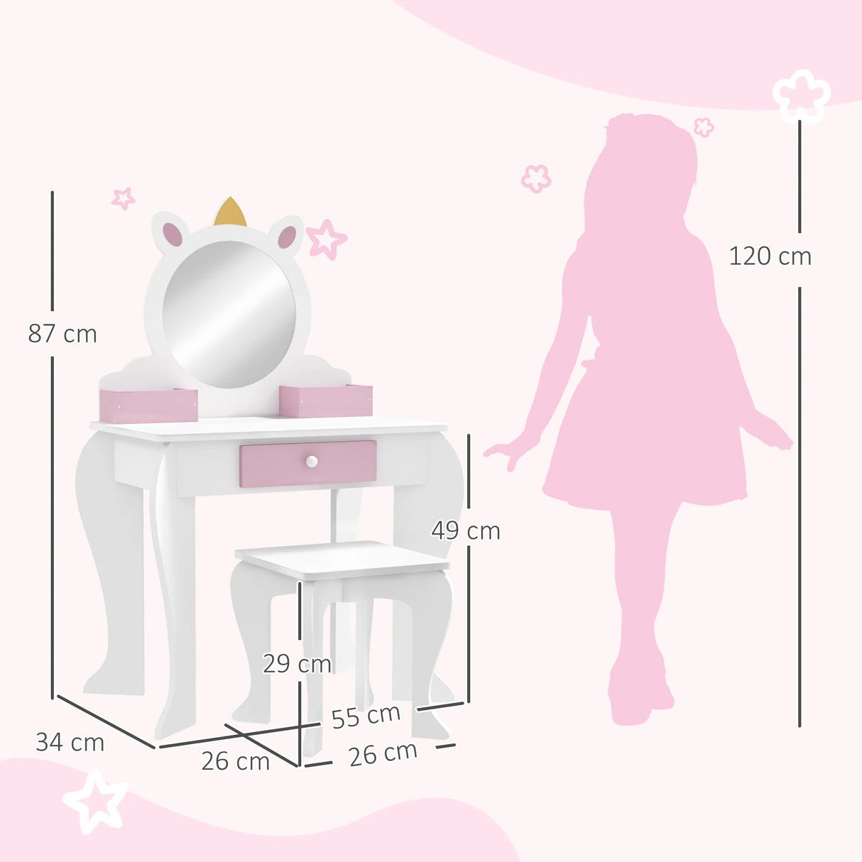 ZONEKIZ Unicorn-Design Kids Dressing Table, with Mirror and Stool - White