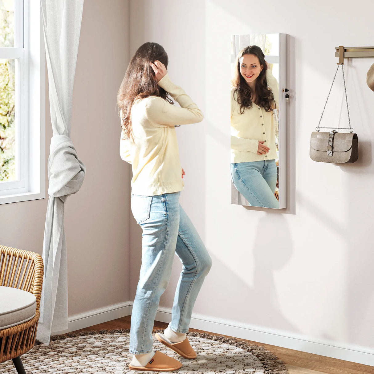 HOMCOM 108 x 37cm Lockable Jewellery Cabinet, with LED Lights - White Surface and Pink Lining