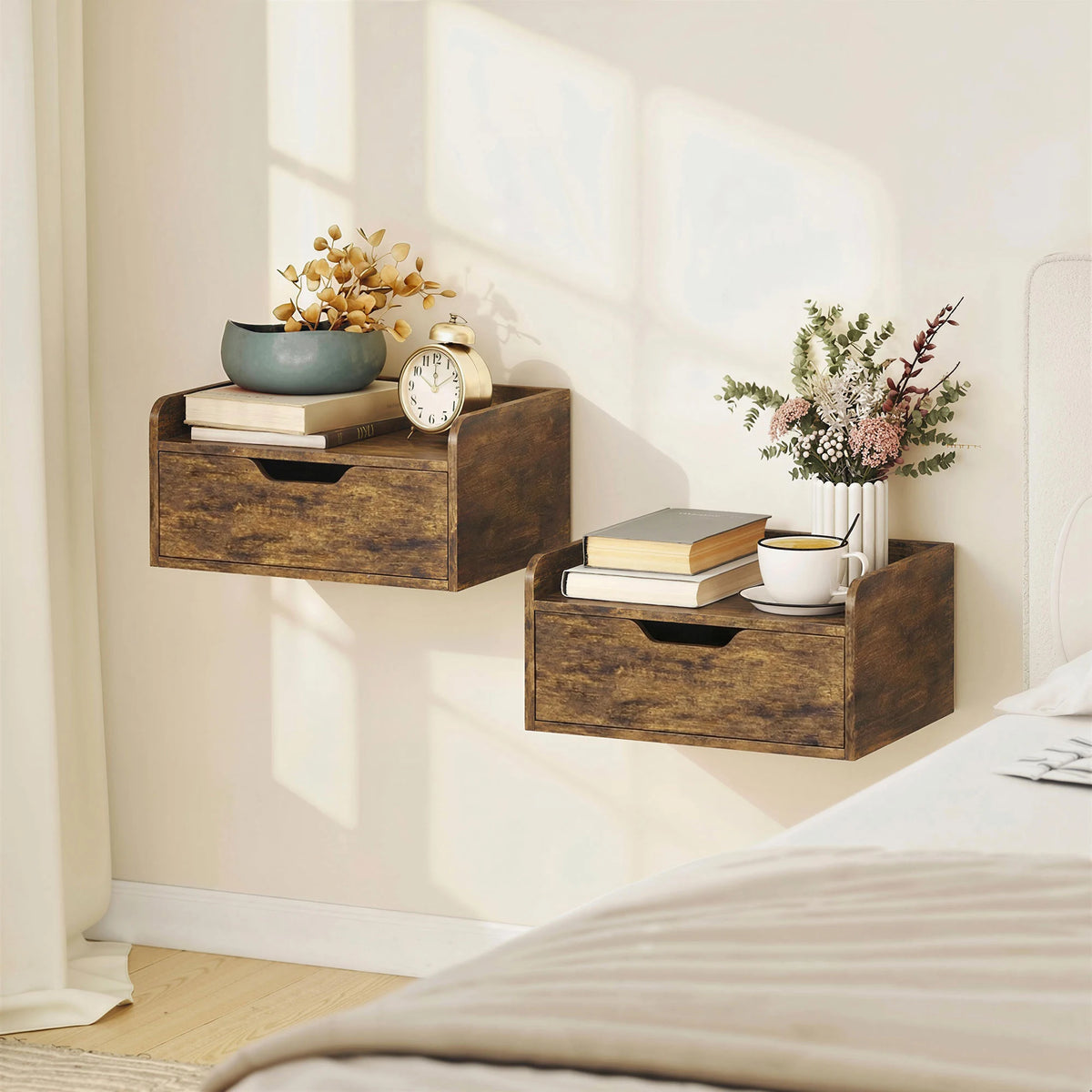 HOMCOM Floating Nightstands Set of 2, Wall Mounted Bedside Table with Drawer for Bedroom, Rustic Brown