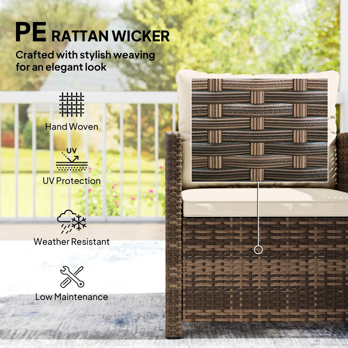 Outsunny Rattan Bistro Set, 3 Piece Garden Furniture Set with 2 Tier Glass Top Table and Cushions, Mixed Brown