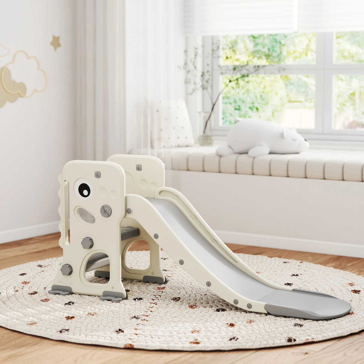 AIYAPLAY 3 in 1 Kids Slide with Climber, Basketball Hoop and Ball, Foldable Indoor Toddler Slide for Ages 2-5, Cream White