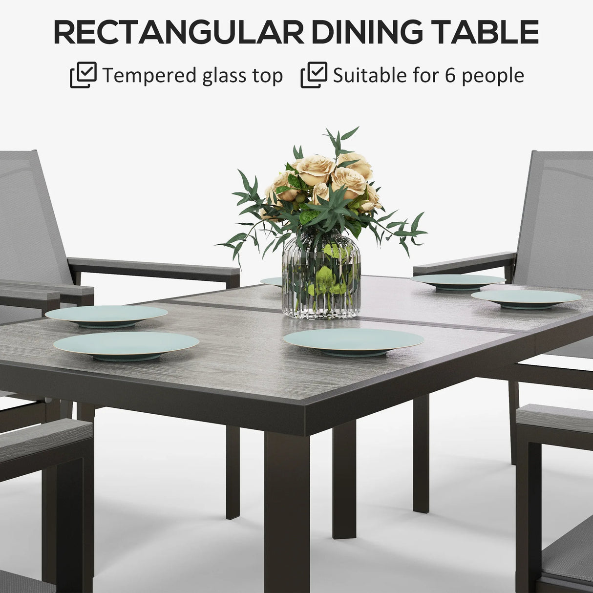Outsunny Seven-Piece Metal Dining Set, with Glass-Top Table - Grey