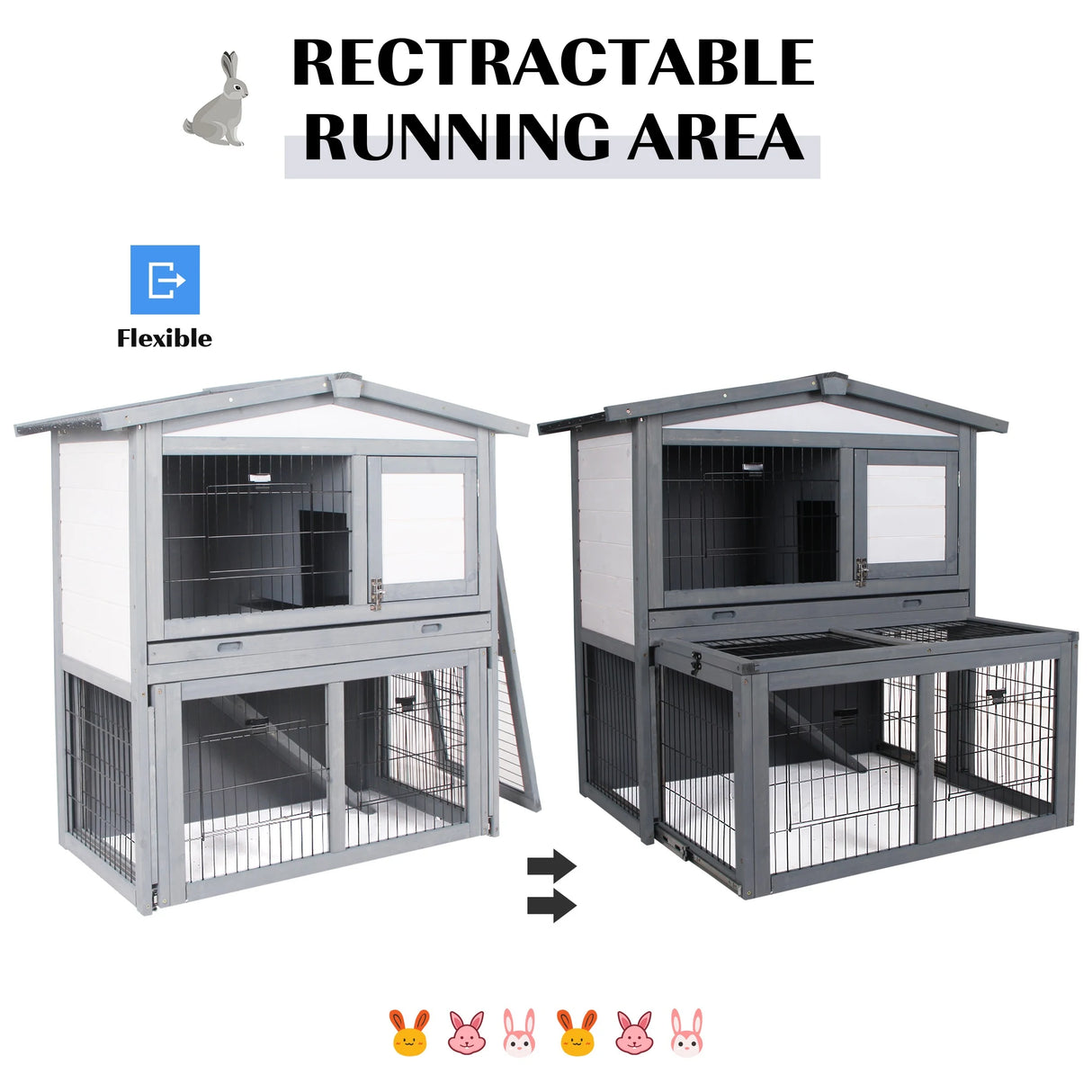 PawHut Rabbits 2-Tier Fur Wood Outdoor Hutch Guinea Pigs Hutches Grey