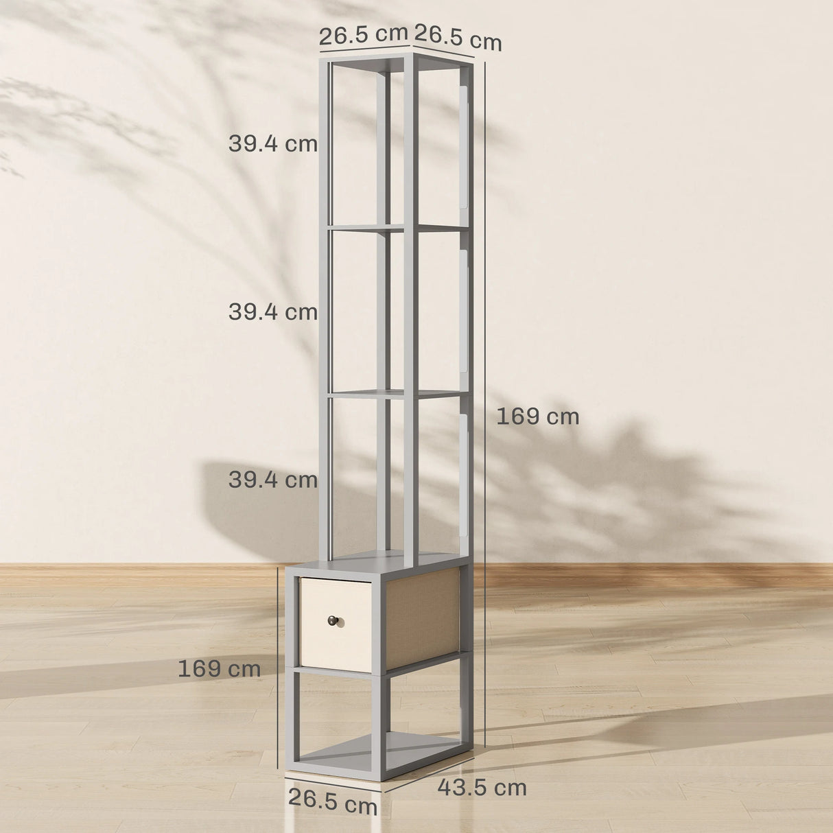 HOMCOM Floor Lamp with Shelves, LED Column Modern Standing Lamp with Fabric Drawer, Adjustable Brightness, Foot Switch for Living Room, Bedroom, Office, Grey