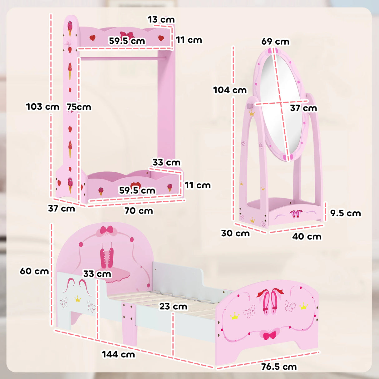 AIYAPLAY Kids Bed with Safety Rails, Kids Clothes Rail, Kids Full Length Mirror, 3 Piece Kids Furniture Set for Bedroom, Pink