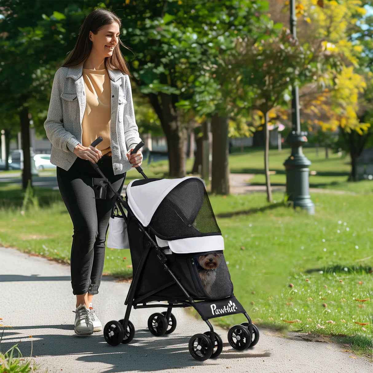 PawHut Foldable Dog Stroller, Lightweight Dog Pram w/ Shoulder Strap, Storage Bag, Cup Holder, Light Grey