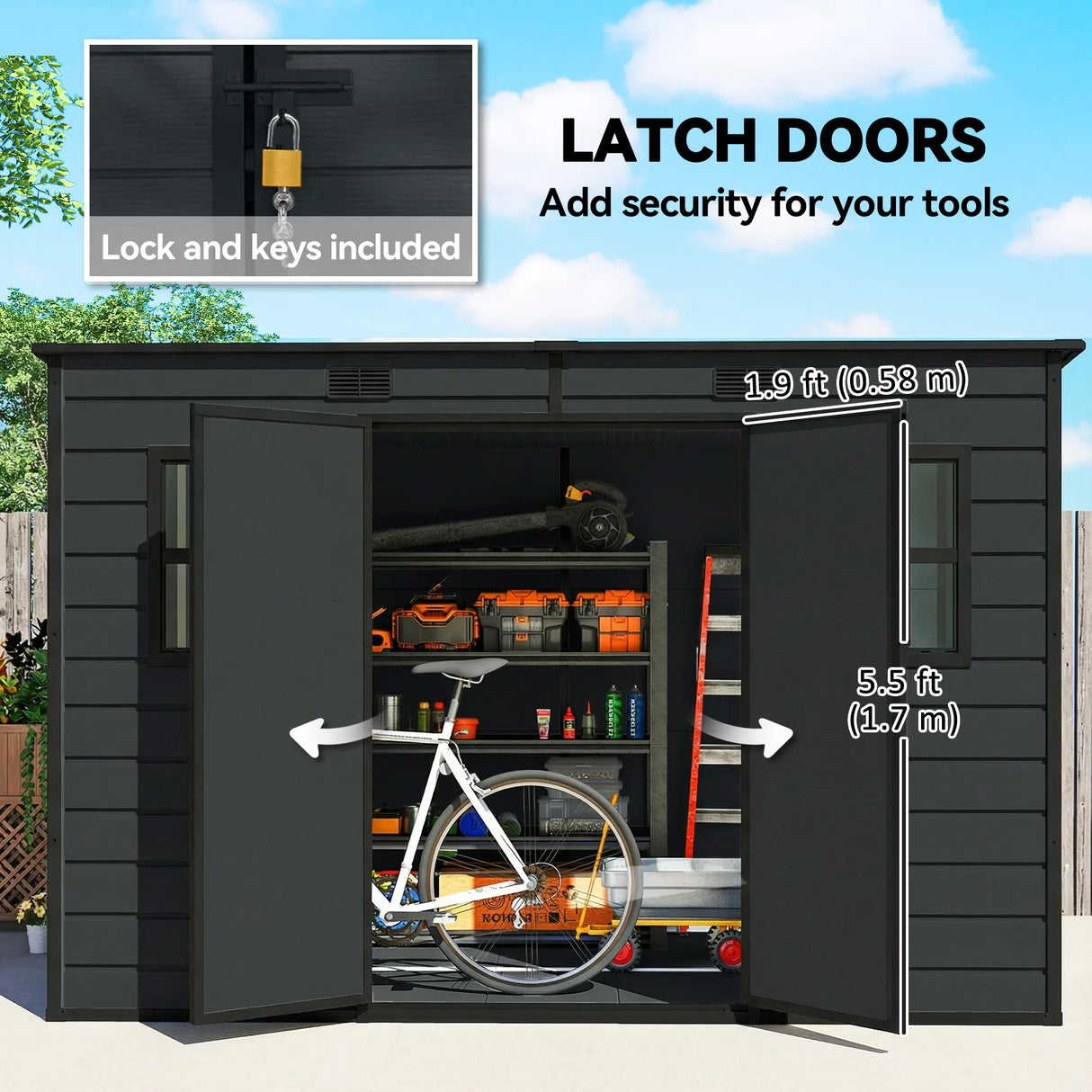 Outsunny 10 x 6 ft Resin Garden Shed, Outdoor Storage Shed with Floor, Windows, Lockable Doors and Vents, Dark Grey