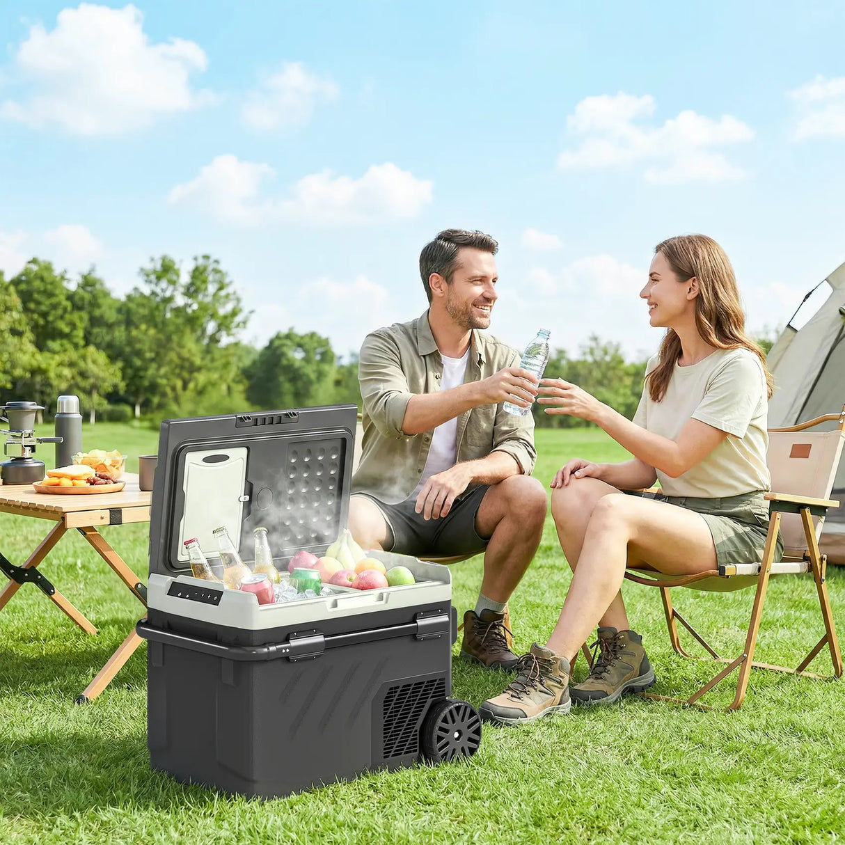 Outsunny 40L Compressor Car Fridge Freezer, Dual Zone Camping Refrigerator with App Control, Telescopic Handle, -20C-20C