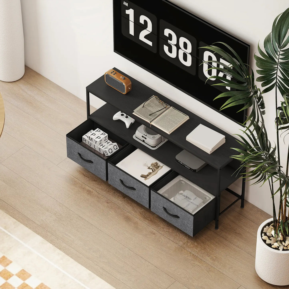 HOMCOM TV Stand Cabinet with 3 Foldable Drawers - Black