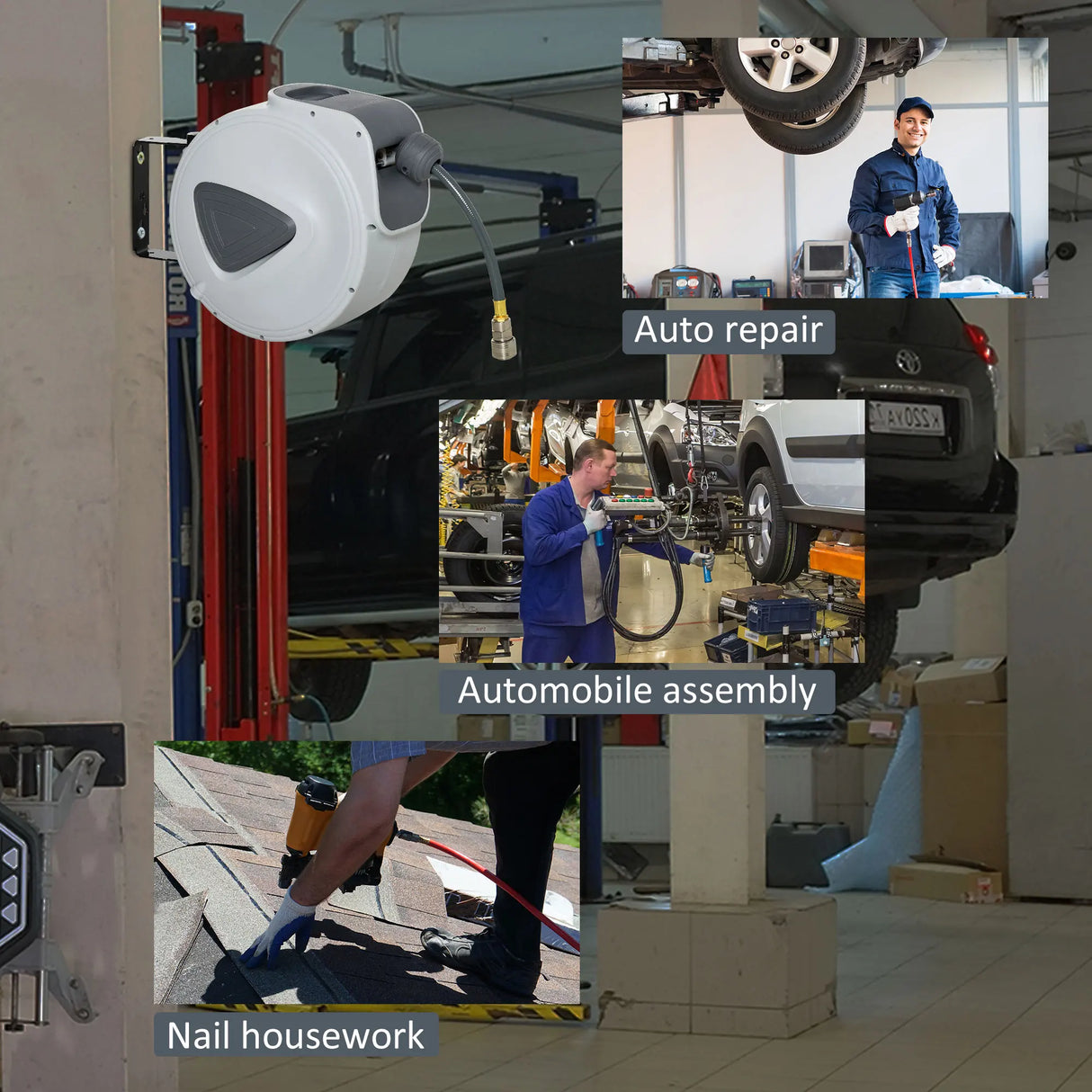 DURHAND Retractable Air Hose Reel 15m+ 140cm Hose Diameter 3/ 8" 9.5mm, Hose Connector 1/ 4" BSP, Wall Mount Auto Rewind Hose- Reel