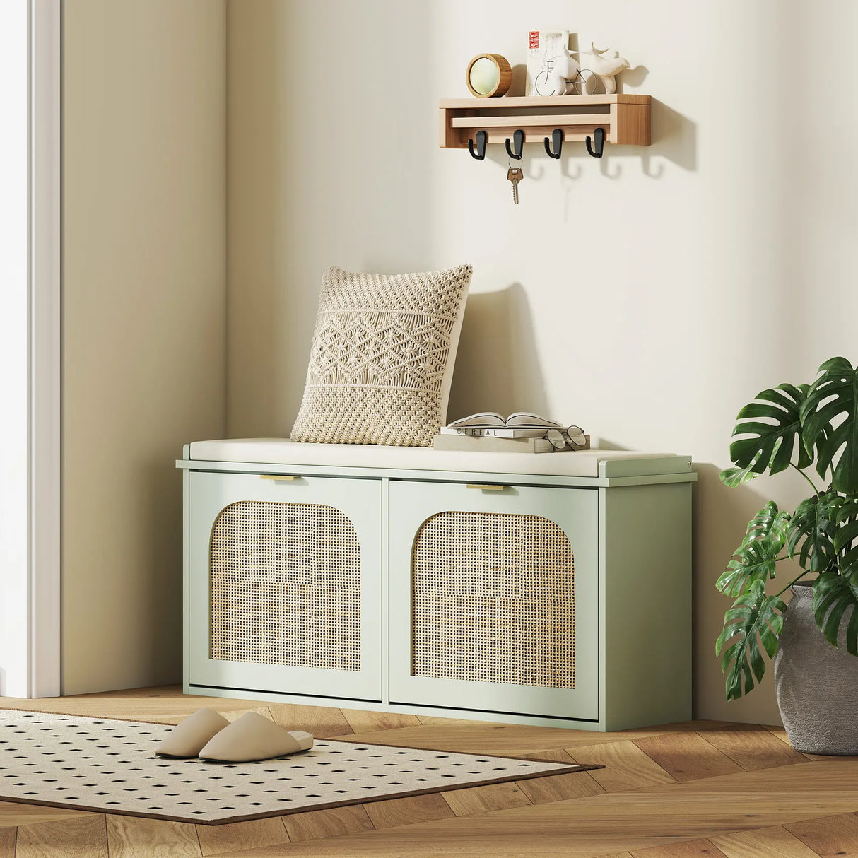 HOMCOM Boho Shoe Bench with Padded Seat and 2 Flip-Drawers - Light Green