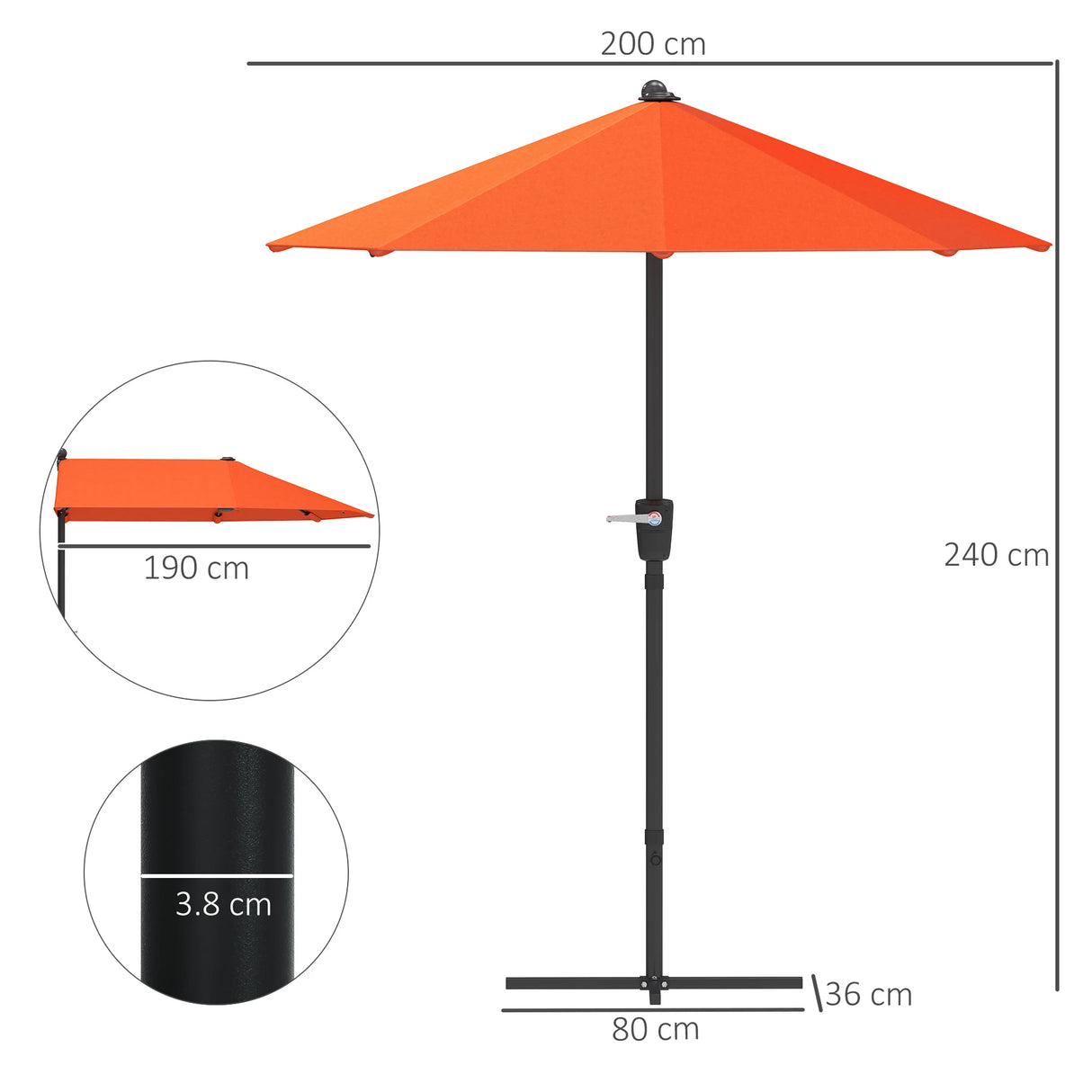 Outsunny 2m Half Parasol Umbrella - Orange