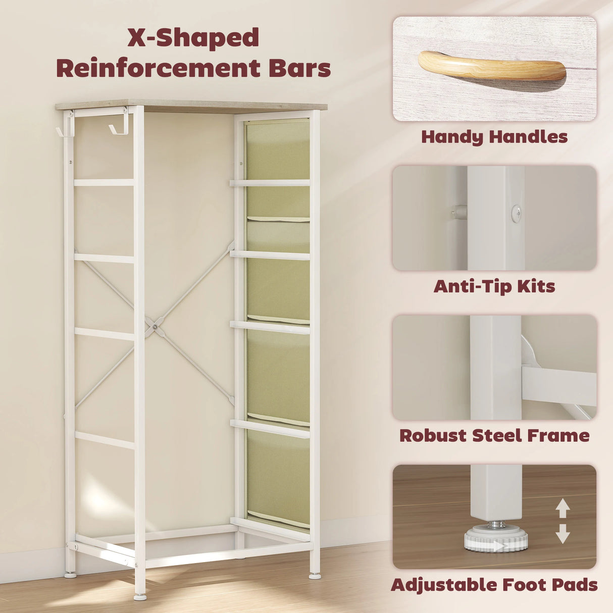 HOMCOM Chest of Five Fabric Drawers - Natural Wood Finish