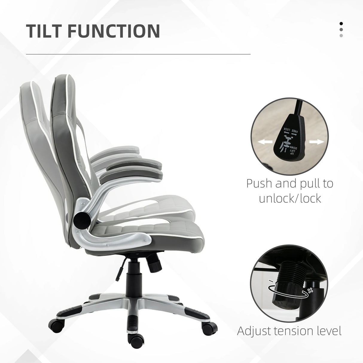 Vinsetto Computer Gaming Chair, Office Desk Swivel Chair, PU Leather Racing Chair with 90 Flip-up Armrest, Adjustable Height and Rolling Wheels, Grey
