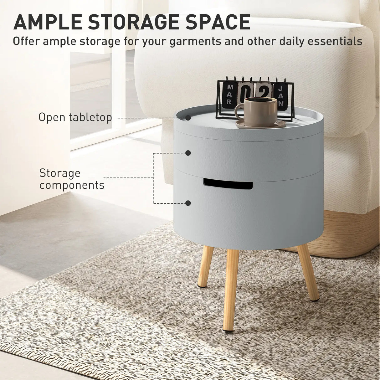 HOMCOM 3-Tier Coffee Table, Round End Table with 2 Hidden Compartments and Detachable Tray, Side Table with Storage for Living Room, Grey