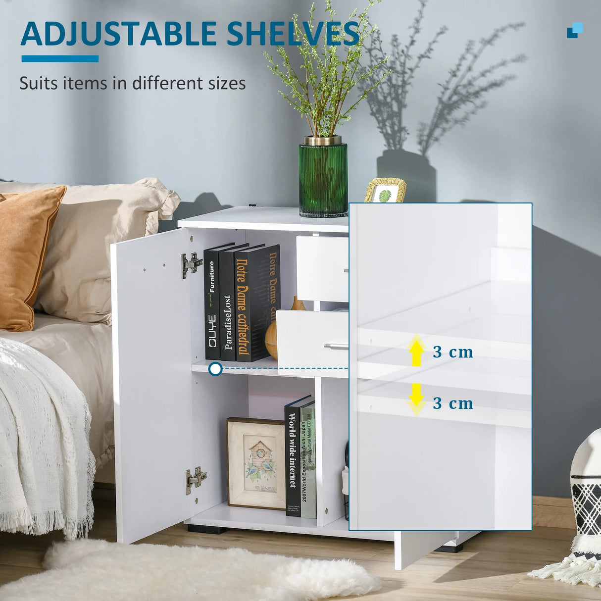 HOMCOM Sideboard, Modern Storage Cabinet with 2 Drawers, 2 Doors and Adjustable Shelf, Kitchen Cabinet for Living Room, Dining Room, High Gloss White