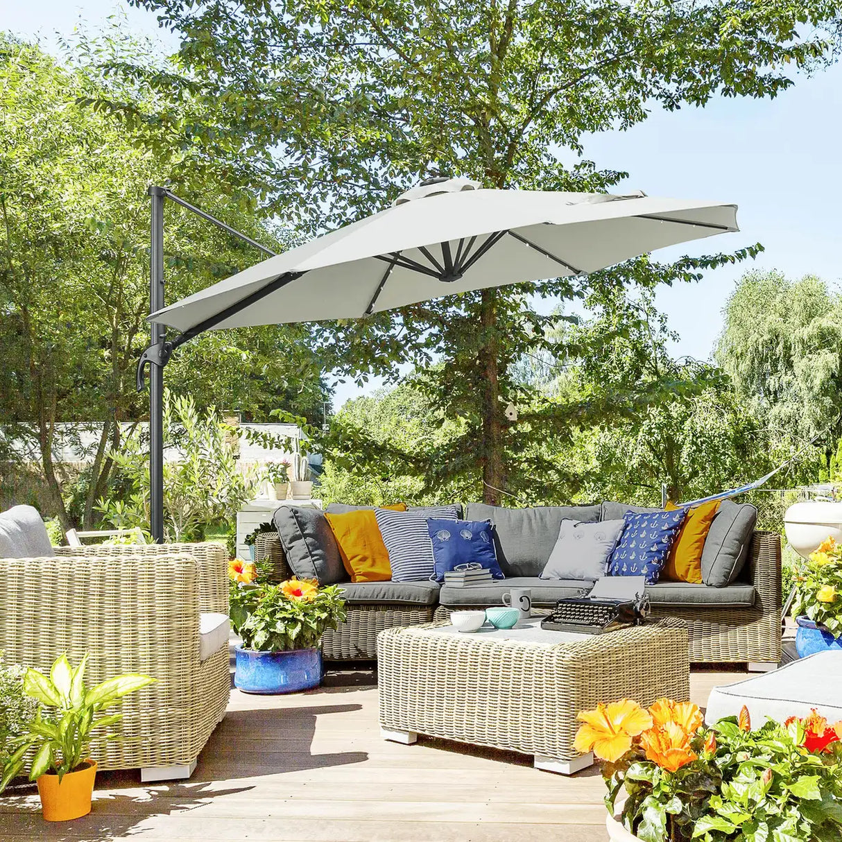 Outsunny 3(m) LED Cantilever Parasol Garden Sun Umbrella w/ Cross Base and Solar Lights Grey