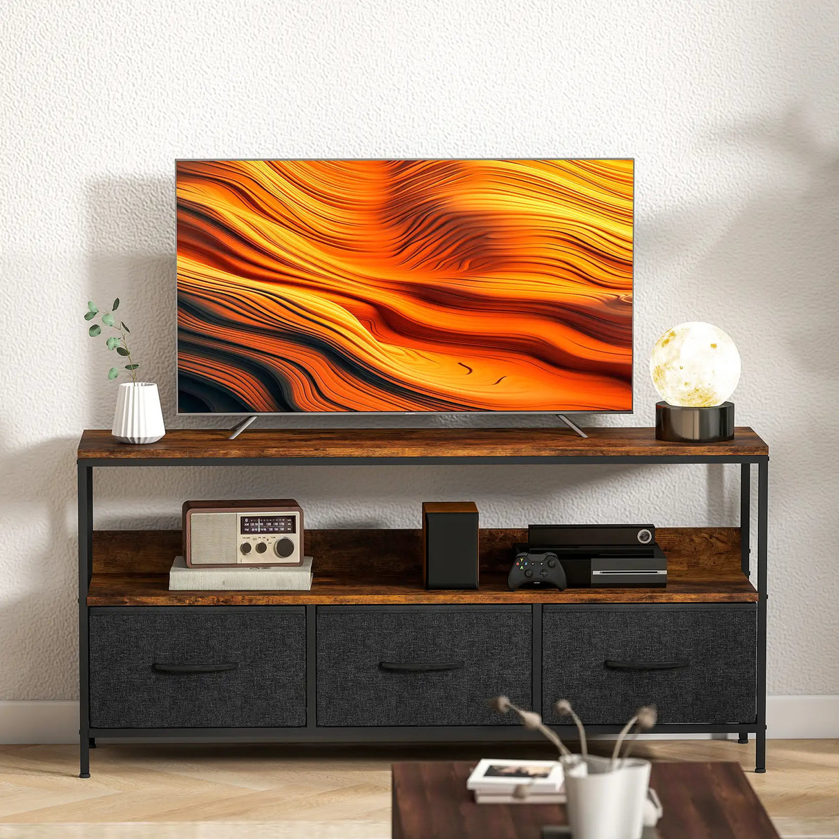 HOMCOM TV Stand Cabinet with 3 Foldable Drawers - Rustic Brown