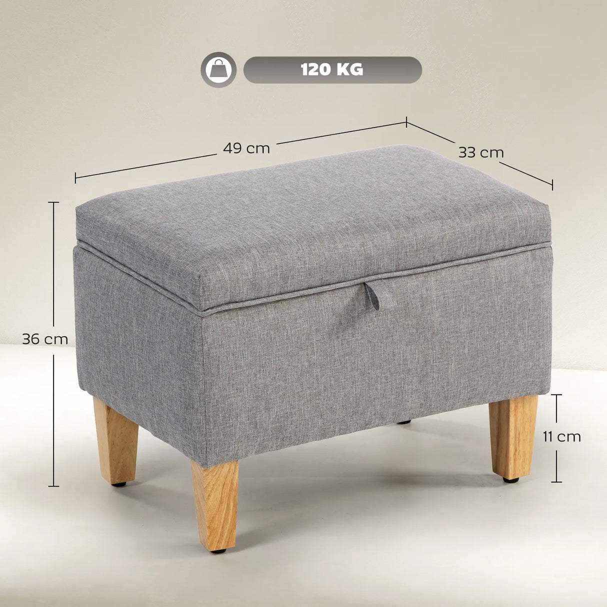 HOMCOM 16L Linen Storage Ottoman Padded Footstool with Rubberwood Legs for Storage Box, Bed End, Shoe Bench, Seating, Light Grey