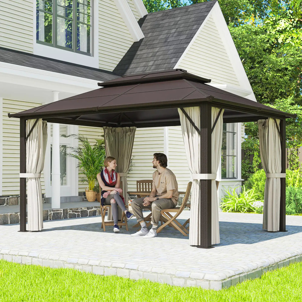 Outsunny 3 x 4m Hardtop Gazebo Canopy with UPF30+ Double Polycarbonate Roof, Aluminium Frame Garden Gazebo Permanent Pavilion with Mosquito Netting and Curtains for Patio, Deck, Beige