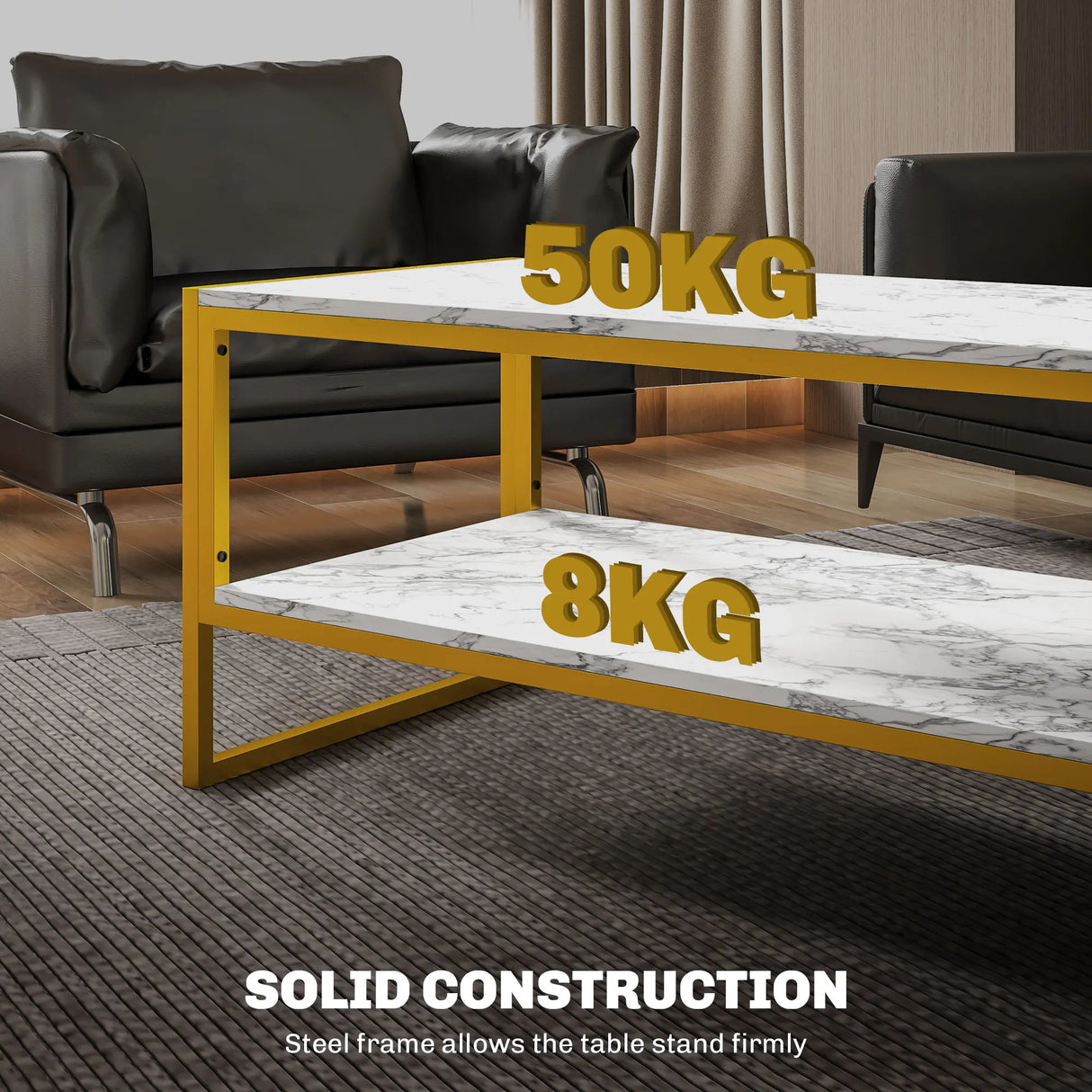 HOMCOM Coffee Table, Two-Tier Faux Marble Effect Centre Table with Metal Frame and Storage Shelf for Living Room, 106 x 50 x 45cm, White