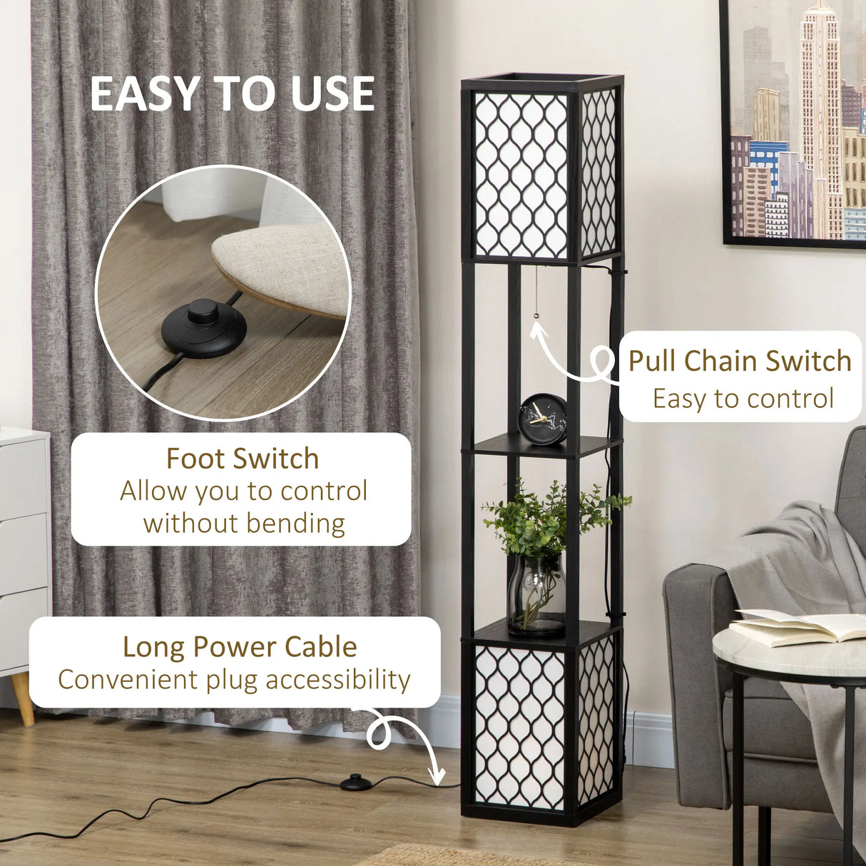 HOMCOM Floor Lamp with Shelves, Dual Light, Modern Tall Standing Lamps for Living Room, Bedroom, with Chain Switch, Bulb not Included, Black