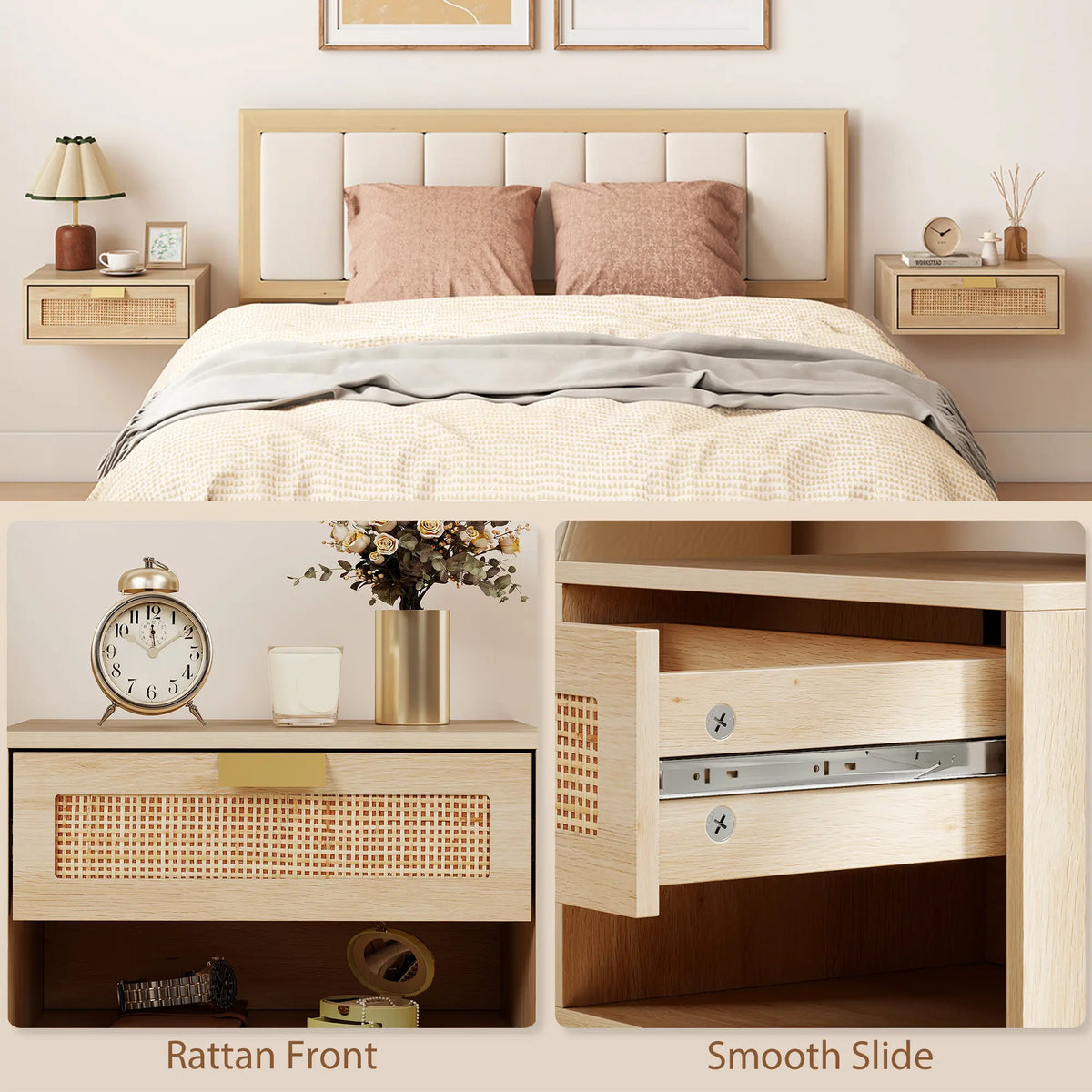 HOMCOM Floating Bedside Tables Set of 2, Wall Mounted Bedside Cabinets with Rattan Drawer and Wood Effect, Oak
