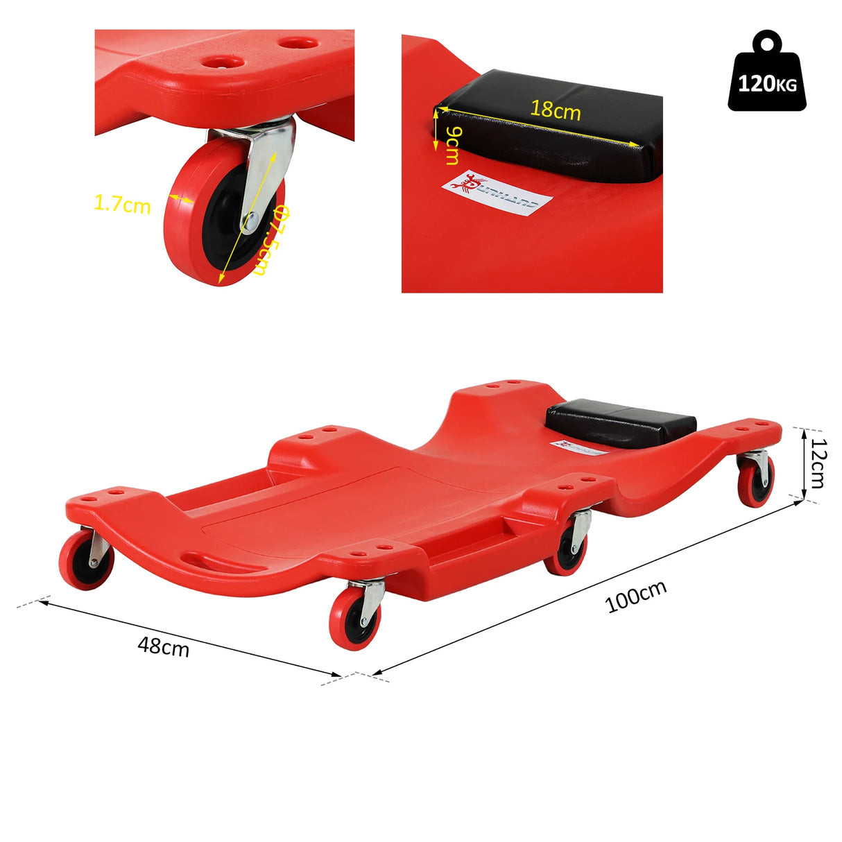 DURHAND Mechanic Vehicle Creeper, Under-Car Rolling Crawler Board, with Headrest, Wheels, Red