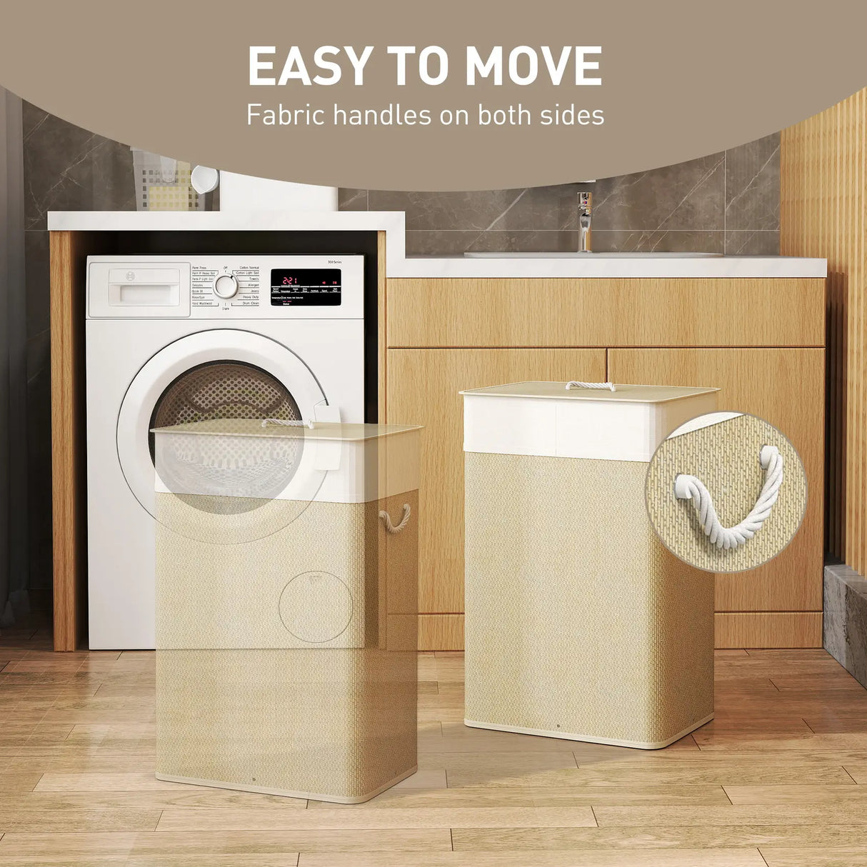 HOMCOM Bamboo Laundry Basket with Lid, 72L Laundry Hamper with Rope Handles, Washing Basket with Removable Washable Liner Bag for Bathroom, Bedroom, Nature Wood Finish