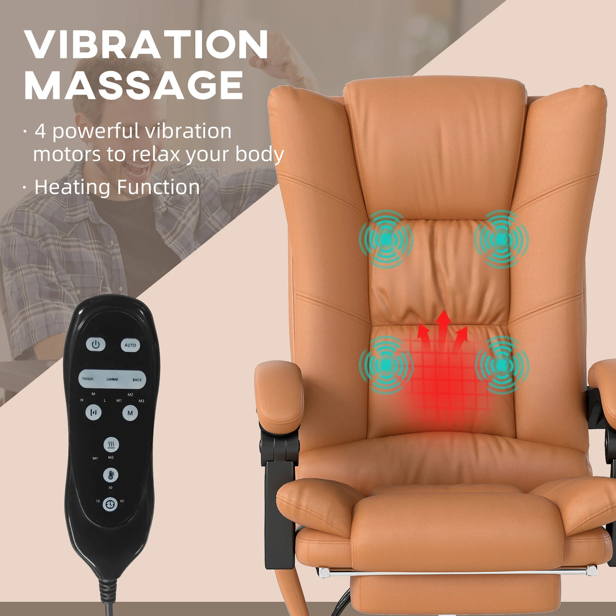 Vinsetto High Back Vibration Massage Office Chair, Heated Reclining PU Leather Computer Chair with 135 Reclining Back and Footrest, Light Brown