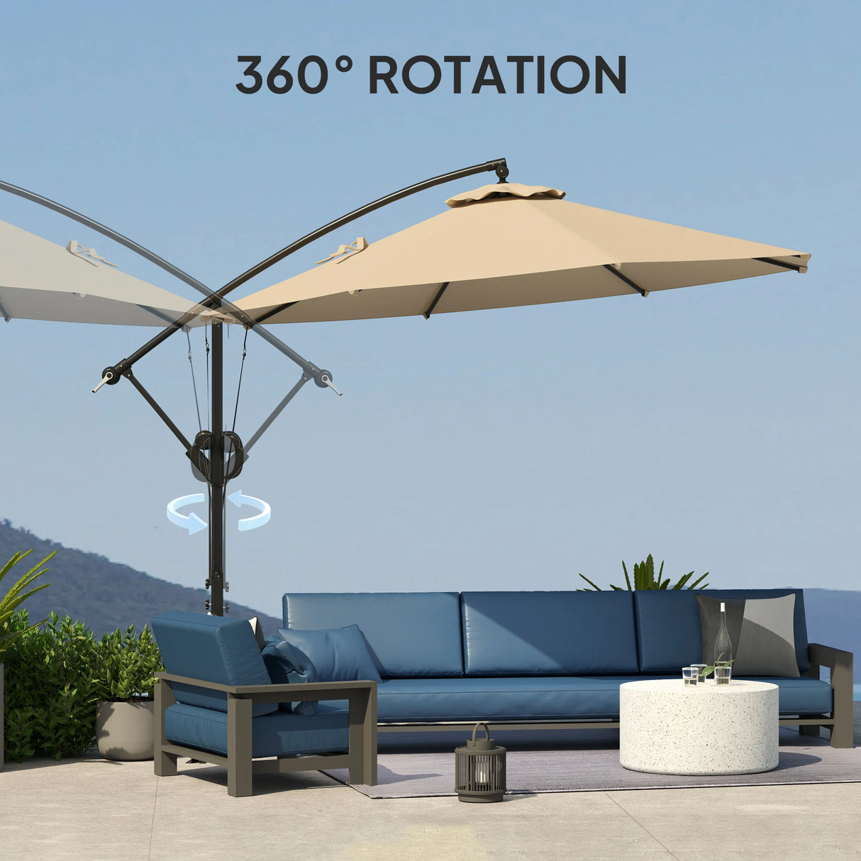 Outsunny 3(m) Garden Cantilever Parasol with Cover and Wind Protection Strap, Round Overhanging Umbrella with Crank Handle and Tilt, Banana Patio Umbrella for Outdoor Sun Shade, UPF50+, Khaki