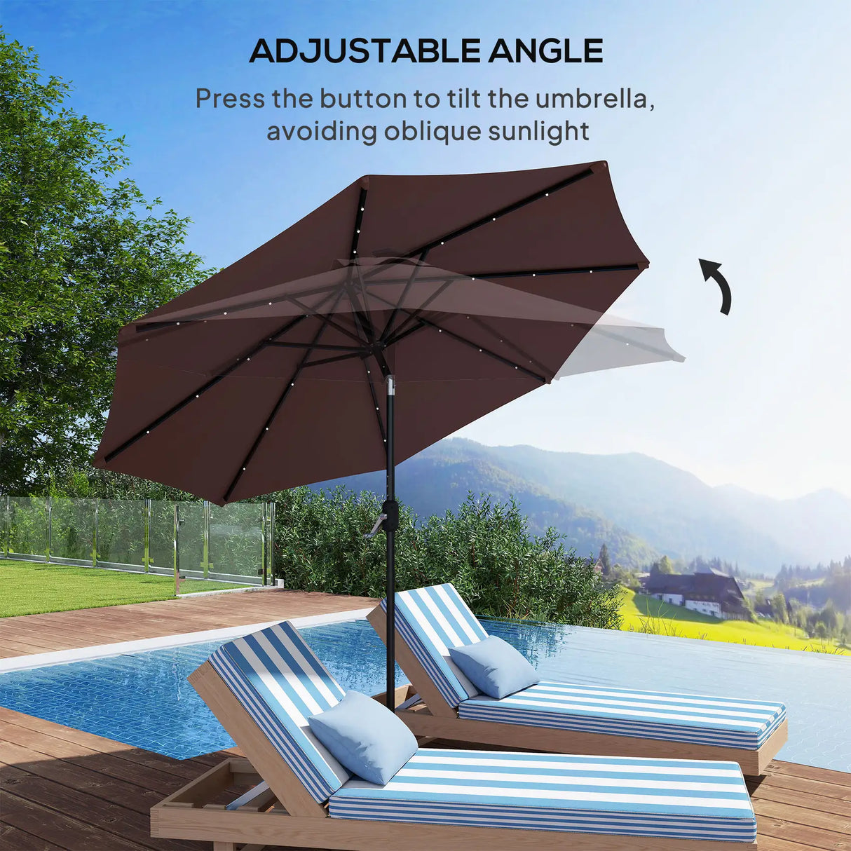 Outsunny 2.7m Garden 24 LED Light Parasol Solar Outdoor Tilt Sun Umbrella Patio Club Party Event Manual Sun Shade w/ Hand Crank and 8 Ribs, Brown