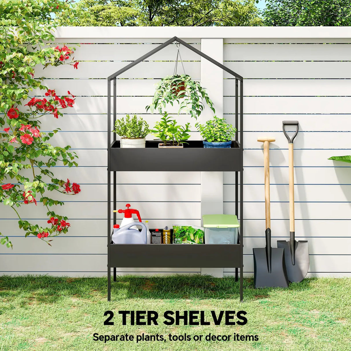 Outsunny 2 Tier Plant Stand, Outdoor Indoor Metal Plant Stand with Hook, House-Shaped Pots Holder Display Rack, Black